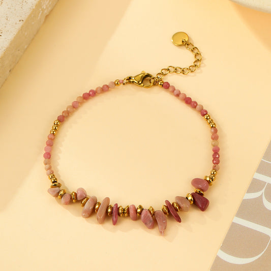 Bracelet Doré Perles Facettées Rose Poudré et Éclats de Rhodonite