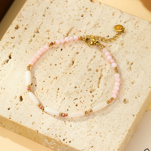 Bracelet Doré Perles Opale Rose et Éclats de Nacre Allongés