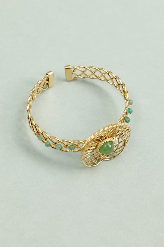 Bracelet Manchette Tressé Doré Pierre et Perles Vertes