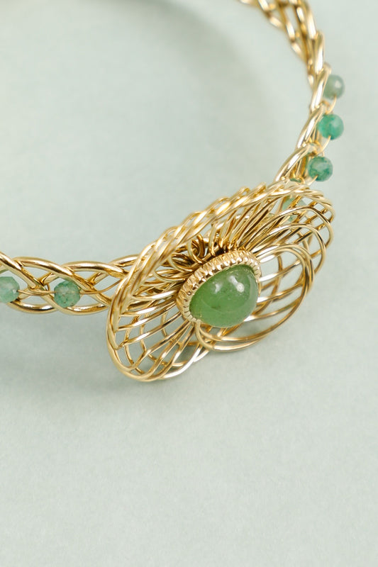 Bracelet Manchette Tressé Doré Pierre et Perles Vertes