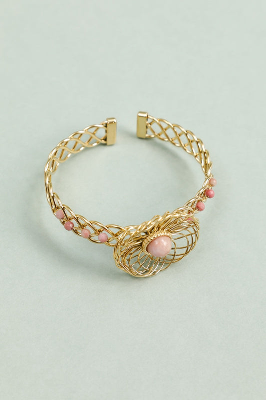 Bracelet Manchette Tressé Doré Pierre et Perles Roses Fuchsia