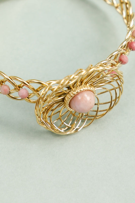 Bracelet Manchette Tressé Doré Pierre et Perles Roses Fuchsia