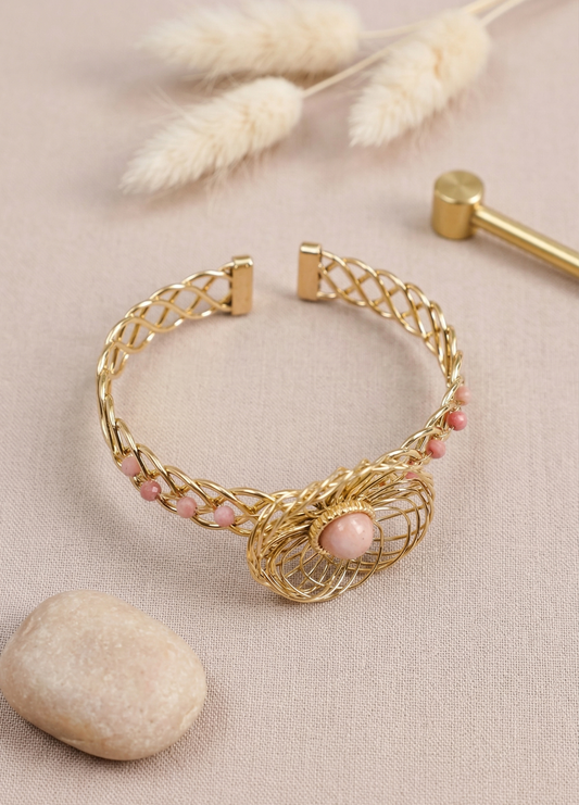 Bracelet Manchette Tressé Doré Avec Pierre et Perles