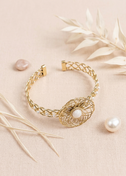 Bracelet Manchette Tressé Doré Avec Pierre et Perles