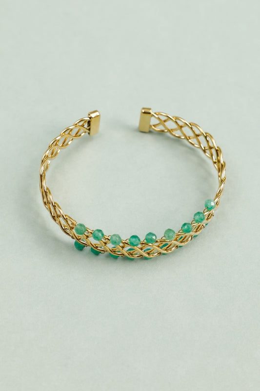 Bracelet Manchette Tressé Doré Avec Perles Vertes