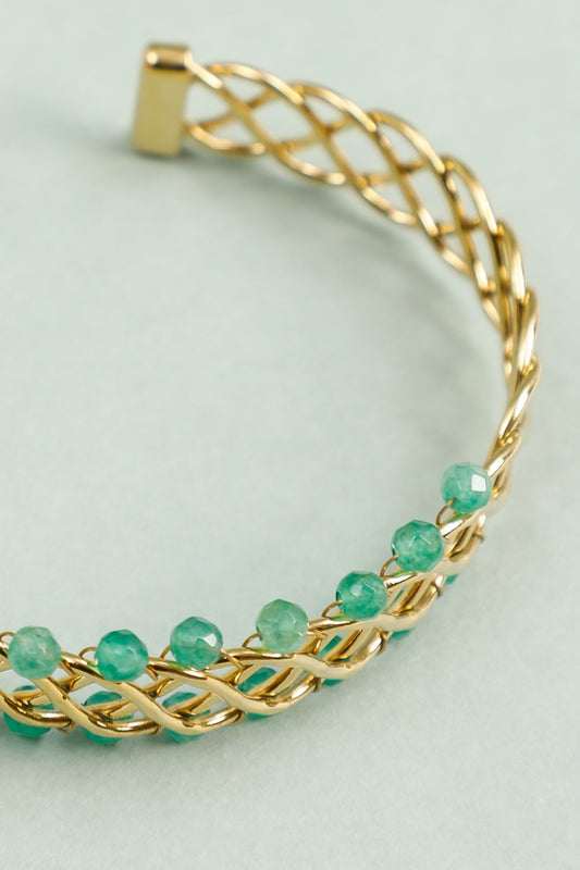 Bracelet Manchette Tressé Doré Avec Perles Vertes