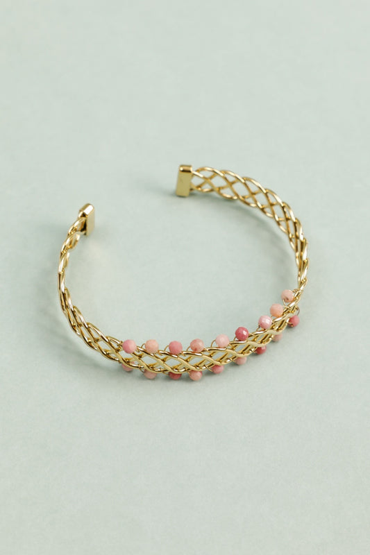 Bracelet Manchette Tressé Doré Avec Perles Roses Fuchsia