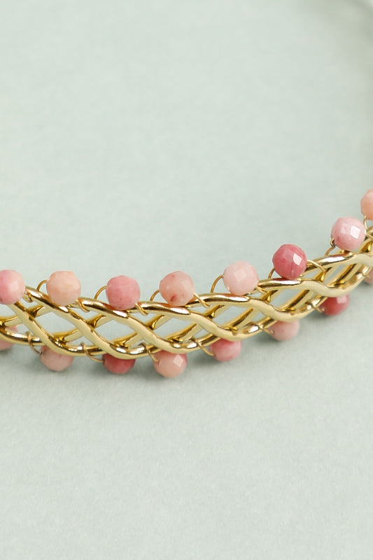 Bracelet Manchette Tressé Doré Avec Perles Roses Fuchsia