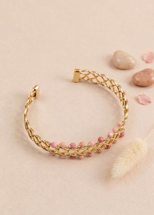 Bracelet Manchette Tressé Doré Avec Perles