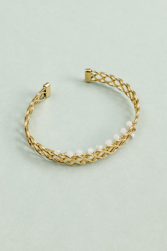 Bracelet Manchette Tressé Doré Avec Perles Blanches