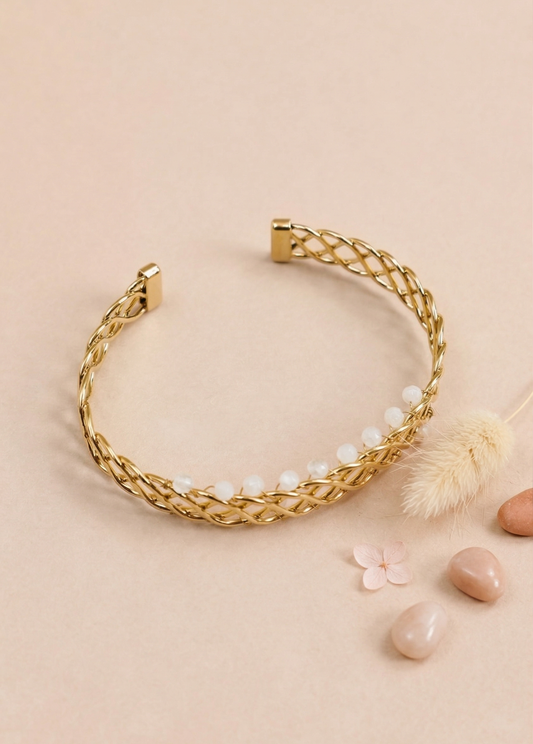 Bracelet Manchette Tressé Doré Avec Perles