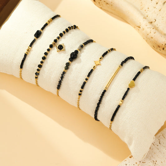 Lot de 6 Bracelets Dorés Perles Noires Charms Étoile et Cœur