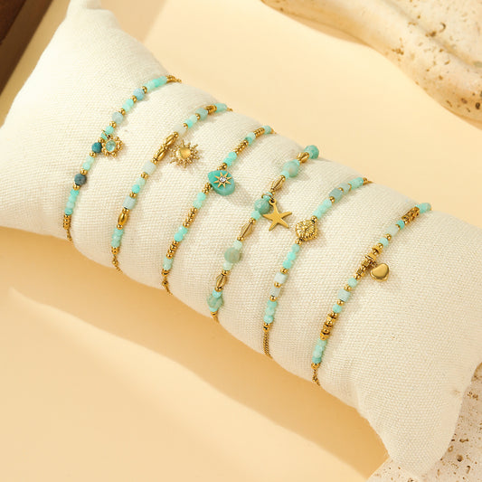 Lot de 6 Bracelets Dorés Perles Turquoises Charms Coquillage, Cœur et Étoile