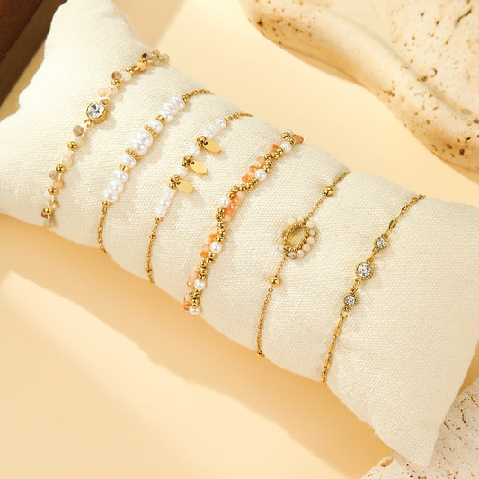Lot de 6 Bracelets Dorés Perles Blanches et Strass