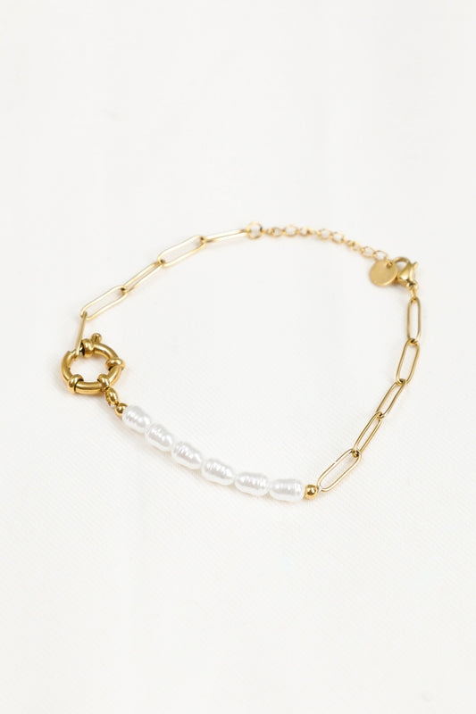 Bracelet Chaîne Maillon Doré Avec Anneau et Perles Blanches
