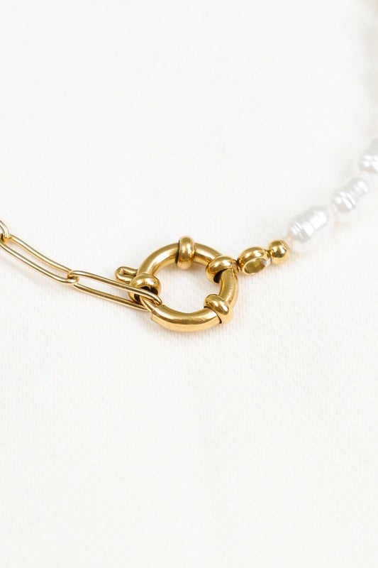 Bracelet Chaîne Maillon Doré Avec Anneau et Perles Blanches