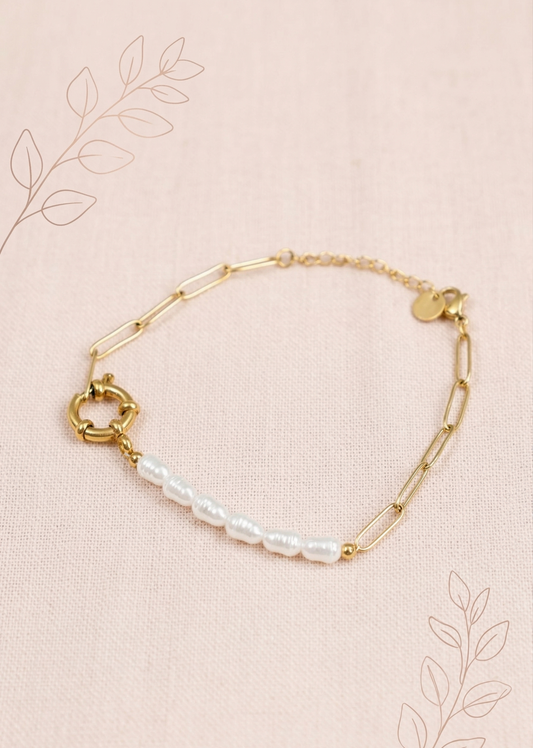 Bracelet Chaîne Maillon Doré Avec Anneau et Perles Blanches