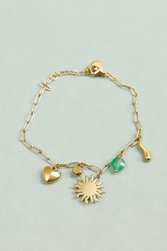 Bracelet Chaîne Maillon Doré Avec Pendentif Soleil, Cœur et Perle Verte