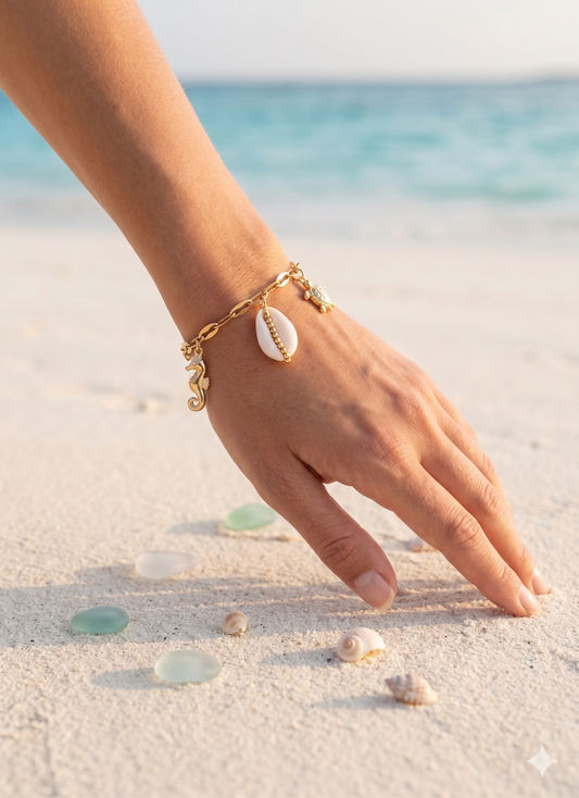 Bracelet maillons plats charms marins hippocampe coquillage tortue