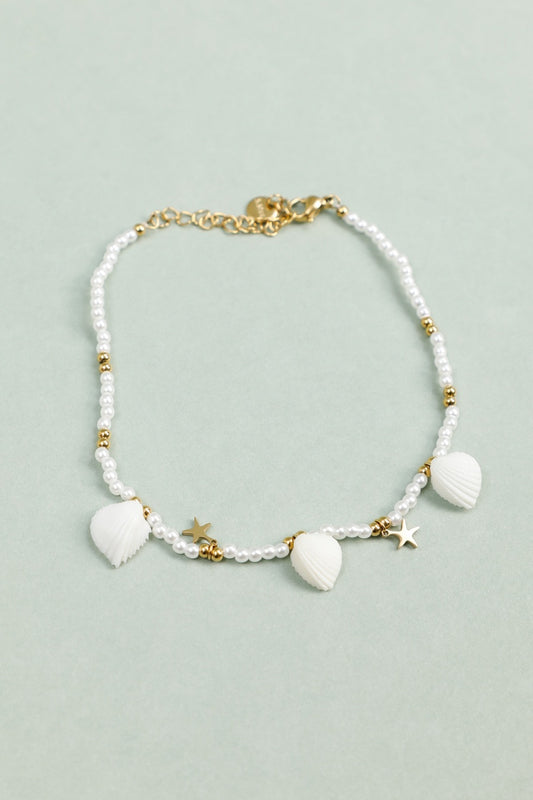 Chaîne de Cheville Perles Blanches et Dorées Pendentifs Coquillage et Etoile