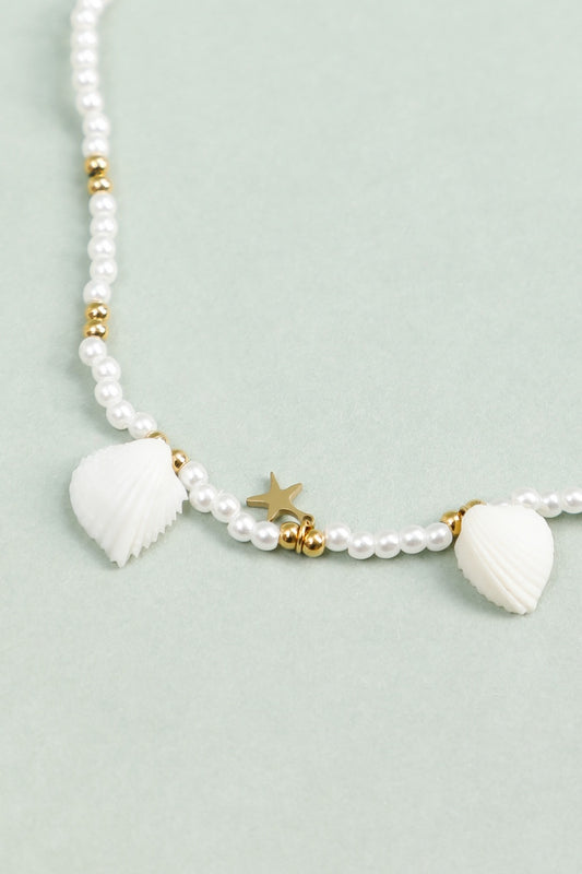 Chaîne de Cheville Perles Blanches et Dorées Pendentifs Coquillage et Etoile