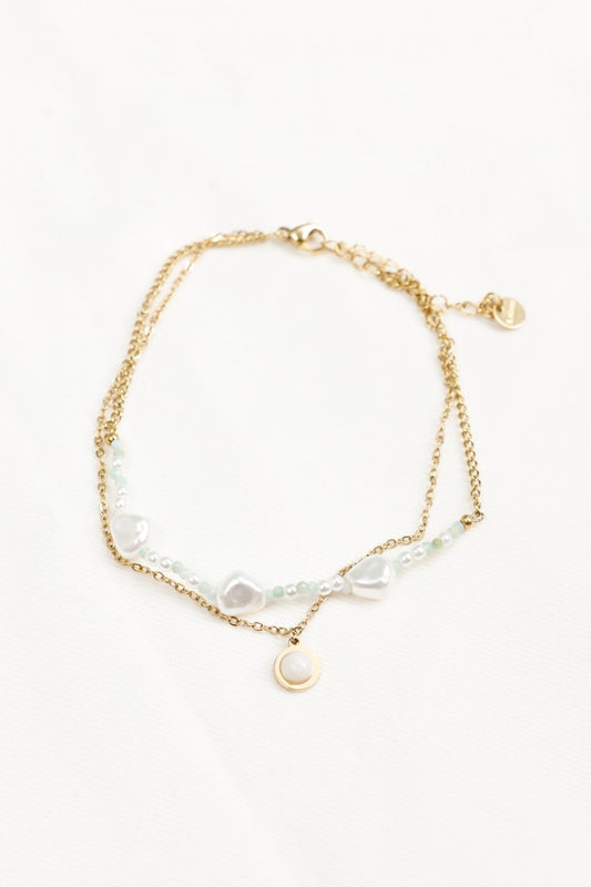 Chaîne de Cheville Double Chaîne Perles Blanches et Vertes Avec Pendentif Rond