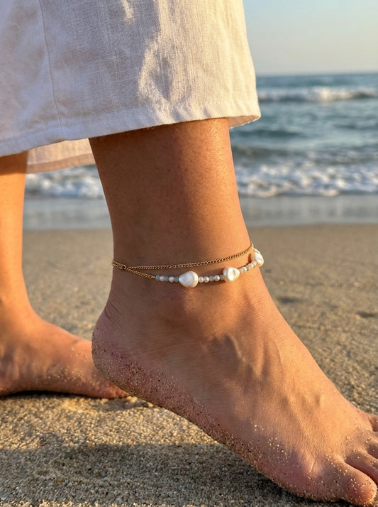 Chaîne de Cheville Double Chaîne Perles Blanches et Vertes Avec Pendentif Rond