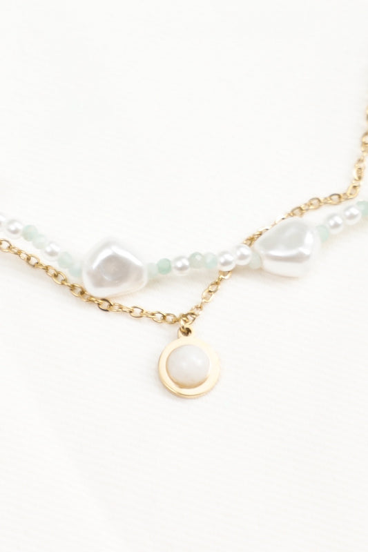 Chaîne de Cheville Double Chaîne Perles Blanches et Vertes Avec Pendentif Rond