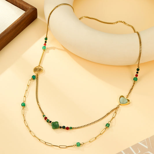 Collier Sautoir Double Chaîne Avec Perles Multicolores et Cœur Vert