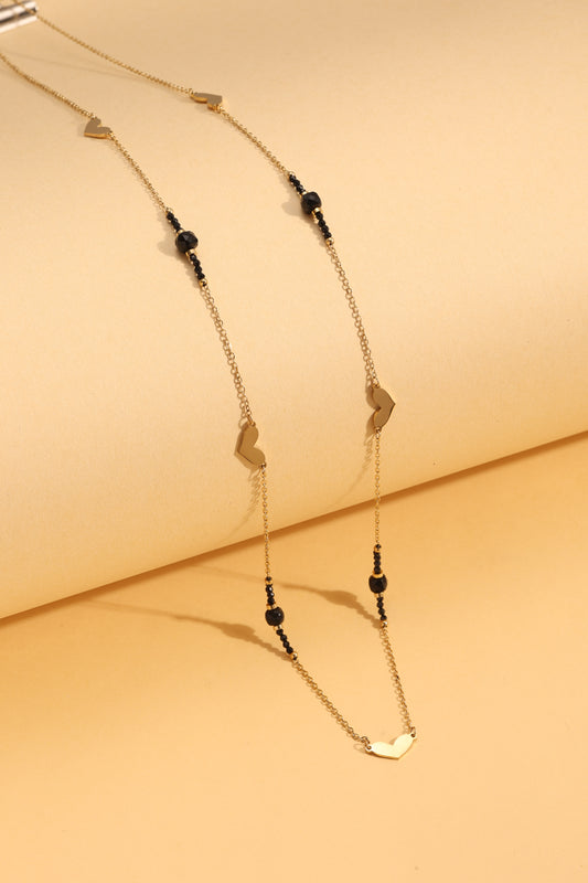 Collier Sautoir Dorée Avec Perles Noires et Cœur