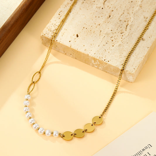 Collier Doré Avec Plaques Rondes Lisses et Perles Blanches Imitation