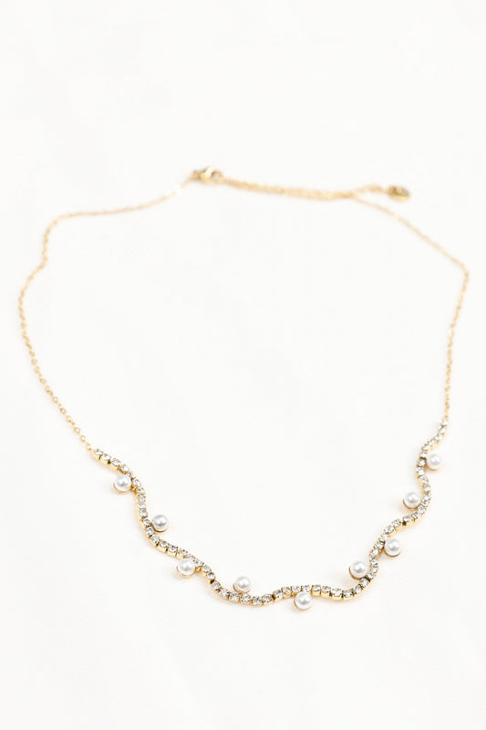 Collier Chaîne Dorée Avec Perles Blanches et Strass