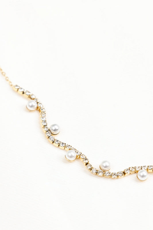 Collier Chaîne Dorée Avec Perles Blanches et Strass