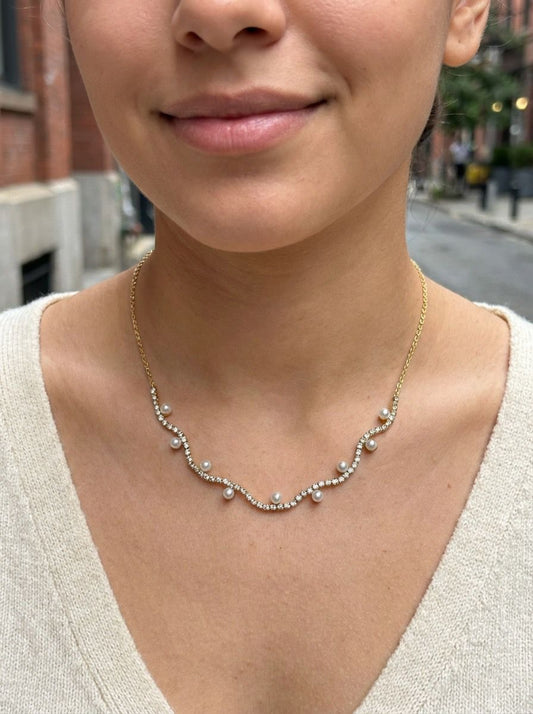 Collier Chaîne Dorée Avec Perles Blanches et Strass