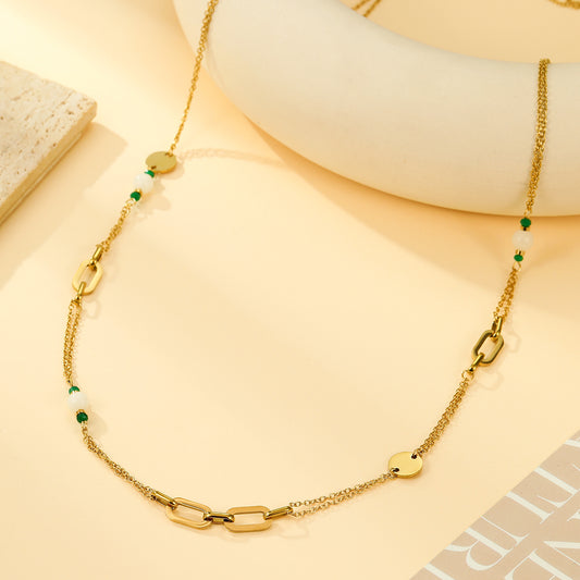 Collier Sautoir Doré Perles Vertes et Blanches Maillons Ovales