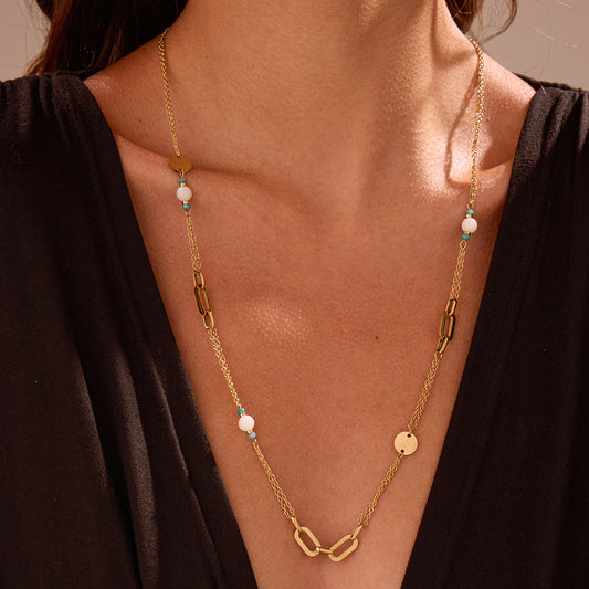 Collier Sautoir Doré Perles Turquoises et Blanches Maillons Ovales