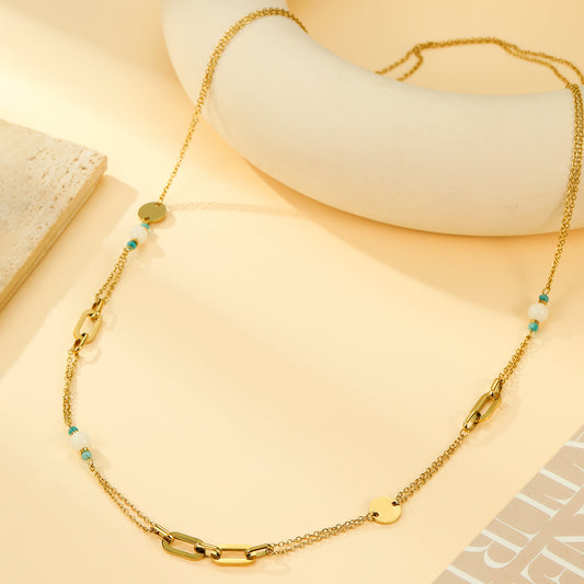 Collier Sautoir Doré Perles Turquoises et Blanches Maillons Ovales