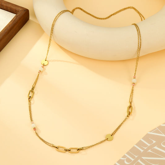 Collier Sautoir Doré Perles Roses et Blanches Maillons Ovales