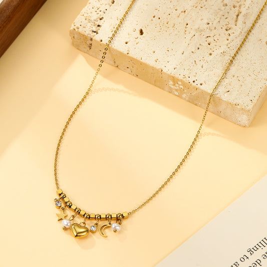 Collier Chaîne Fine Dorée Charms Étoile, Lune, Cœur et Perles Blanches