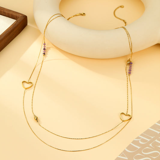 Collier Sautoir Double Chaîne Cœurs Dorés et Perles Violettes