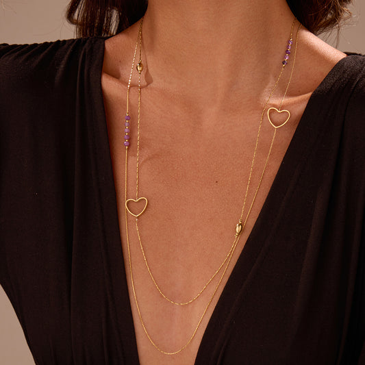 Collier Sautoir Double Chaîne Cœurs Dorés et Perles Violettes