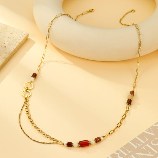 Collier Sautoir Maillons Dorés et Perles Rouge Brique