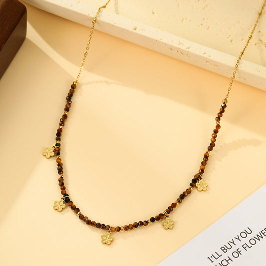 Collier Doré Perles Facettées Œil de Tigre et Pendentifs Fleur