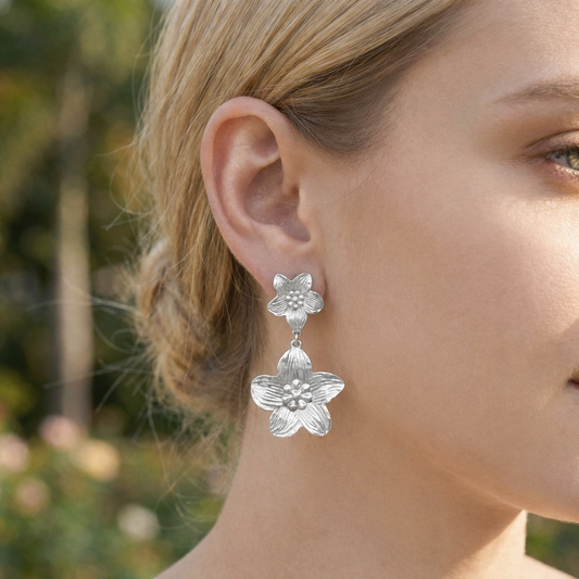 Boucles d’oreilles dorées à clip pendantes à double fleur texturée