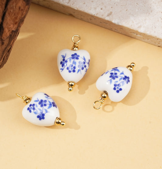 Lot de 3 pendentifs boules Perle Porcelaine Florale Bleue