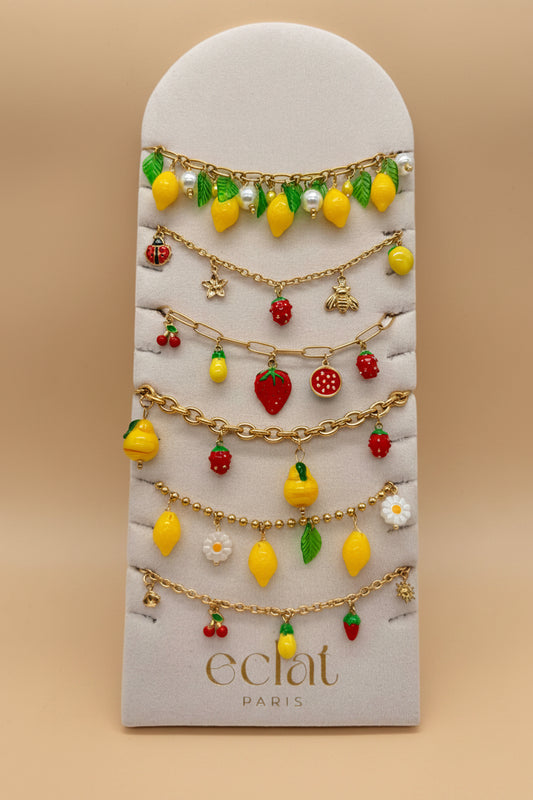 Lot de 6 bracelets fruités sur présentoir