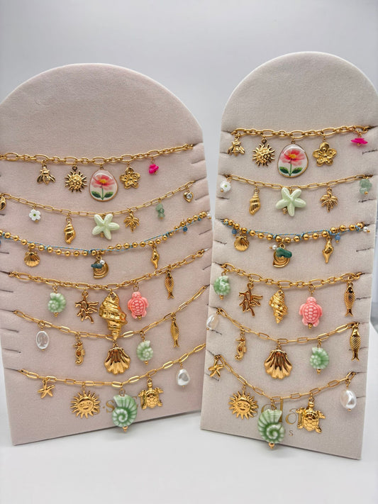 Lot de 6 bracelets thème de la mer ton vert et rose