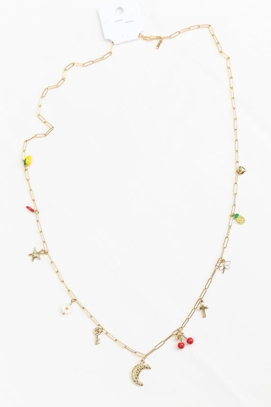 Collier sautoir chaîne dorée longue avec pendentifs lune croix et fruits