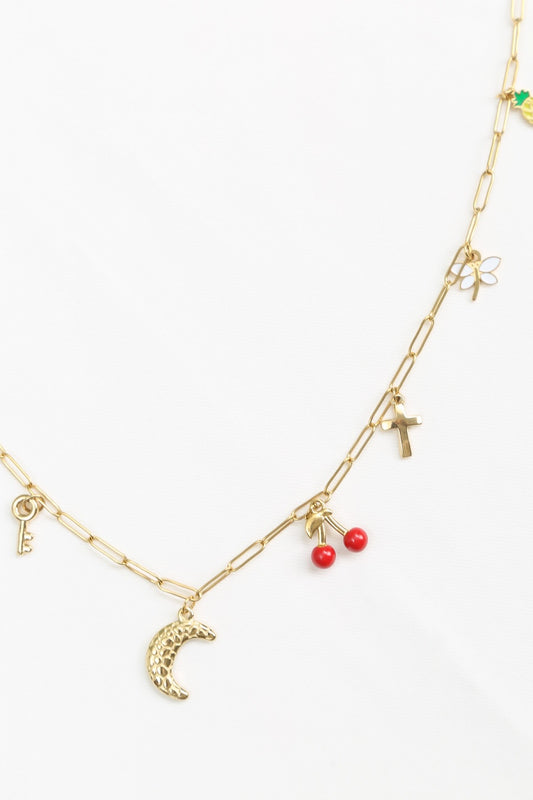 Collier sautoir chaîne dorée longue avec pendentifs lune croix et fruits