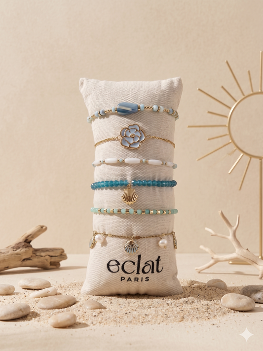 Lot de 6 bracelets dorés nuances de bleu sur coussin